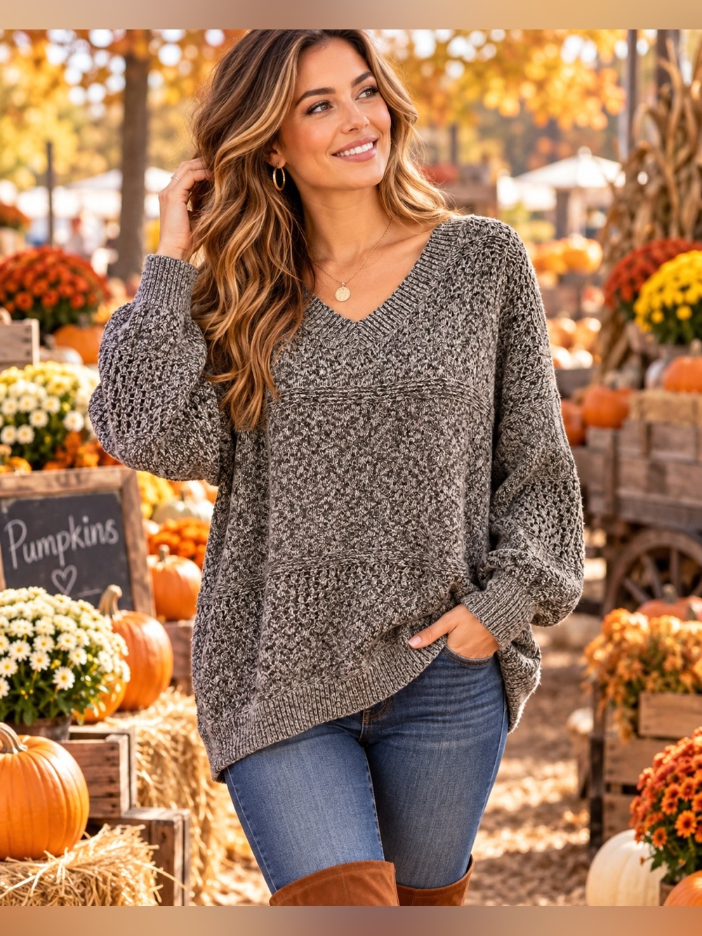 Gray Marled Open Knit V Neck Oversized Sweater Size L Boho Fall
